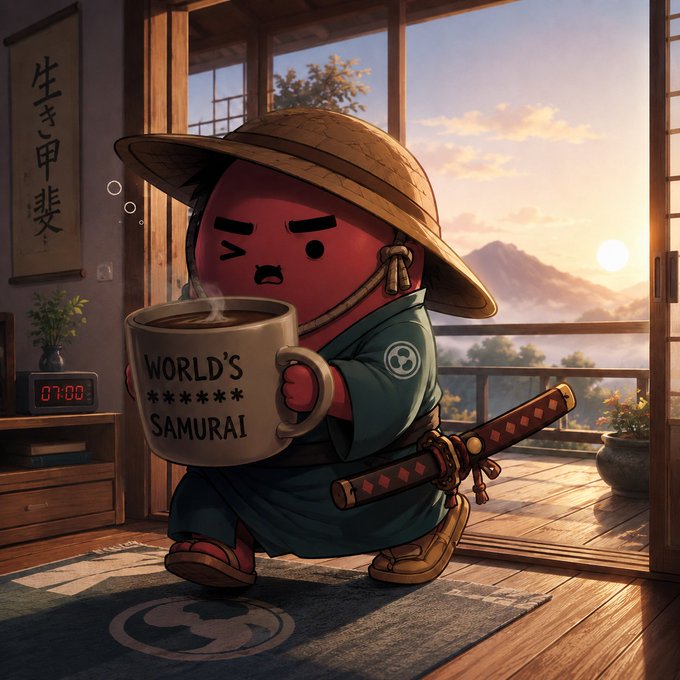 A round, red-faced samurai character wearing a straw hat holds a steaming mug reading "WORLD'S **** SAMURAI" while carrying a katana, standing in a traditional Japanese room at sunrise. The image ties into the post's theme of a "grumpy morning samurai" checking on $KAITO, with the sunrise and 7:00 clock suggesting the late start mentioned in the caption.