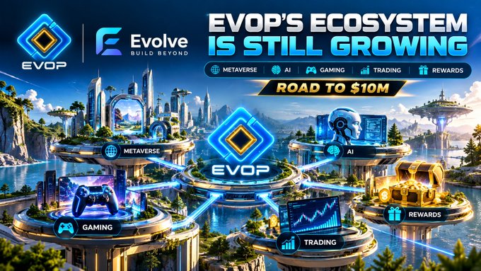 A promotional graphic for 'EVOP - Evolve Build Beyond' featuring the text 'EVOP'S ECOSYSTEM IS STILL GROWING' and 'ROAD TO $10M', showcasing categories like Metaverse, AI, Gaming, Trading, and Rewards in a futuristic city landscape.