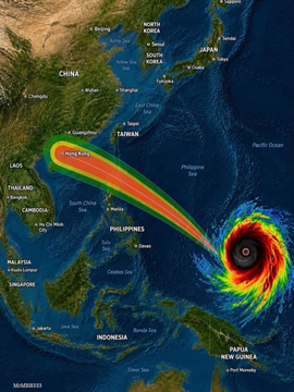 A weather map showing a typhoon with a well-defined eye near the Philippines with a projected path extending northeastward toward Hong Kong, Taiwan, and Japan.