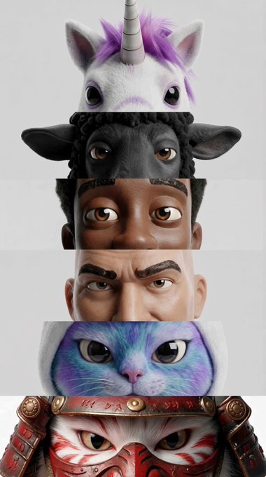 A vertical stack of six diverse, stylized character portraits featuring a unicorn, a creature with horns, a human, another human, a colorful cat, and a samurai.