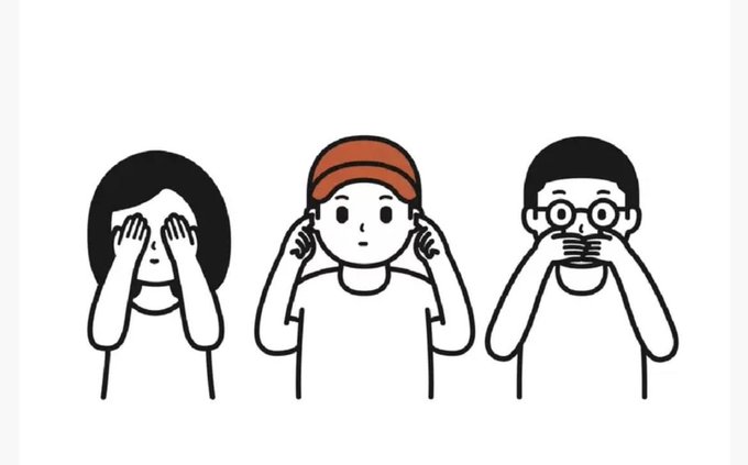 A black and white cartoon illustration depicts the three wise monkeys, showing a girl covering her eyes, a boy in a cap covering his ears, and a boy with glasses covering his mouth.