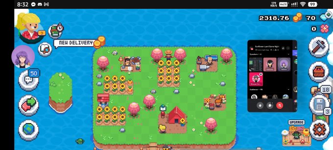 A screenshot of a mobile farming game showing a character island with sunflowers, trees, and a red house, alongside a smartphone displaying the Spotify app.
