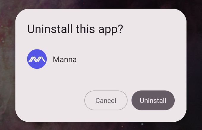 A confirmation dialog asks "Uninstall this app?" for an app called "Manna" with a purple logo, providing Cancel and Uninstall buttons. The image relates to the post by visually representing the act of removing the Manna app, presumably due to the poster's dissatisfaction with its use of Liquid technology associated with Blockstream.