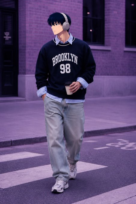 A stylized portrait shows a person wearing headphones, a black sweatshirt reading “BROOKLYN 98,” light jeans, and sneakers while holding a takeaway cup.