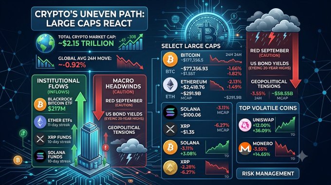An infographic titled 'CRYPTO'S UNEVEN PATH: LARGE CAPS REACT' shows a total market cap of ~$2.15 TRILLION and details selected large caps like Bitcoin ($77,356.93) and Ethereum ($2,418.76) reacting to macro headwinds including Red September caution and US bond yields.