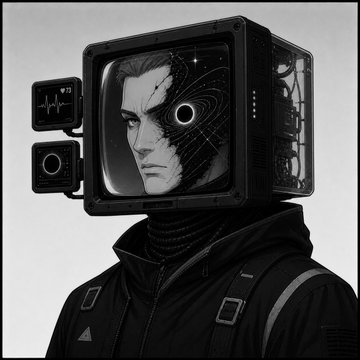 A monochromatic digital illustration depicts a cybernetic figure with a TV-shaped head, half human face and half exposed circuitry with a glowing eye, paired with a post inviting NFT minting opportunity for "Screenz."