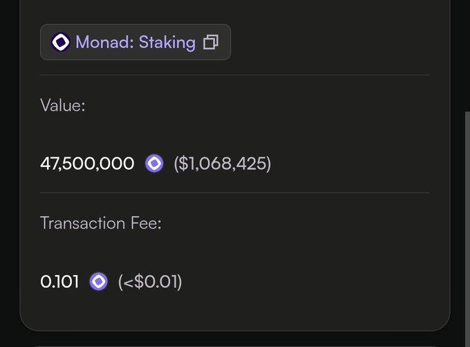 A wallet interface showing a Monad staking transaction with a value of 47,500,000 ($1,068,425) and a fee of 0.101 (<$0.01).