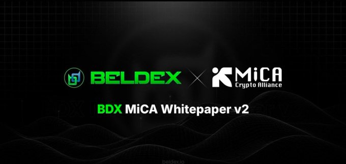 A promotional graphic showing 'BELDEX x MiCA Crypto Alliance' with the text 'BDX MiCA Whitepaper v2' against a dark grid background.
