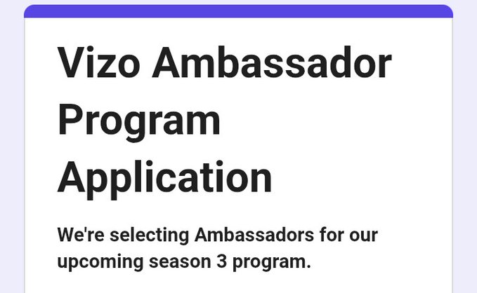 The image shows an application banner for the **Vizo Ambassador Program**, announcing they're selecting ambassadors for their upcoming Season 3 program.

This relates to the post by highlighting one of the listed ambassador opportunities (@VizoExchange), which offers a $20k prize pool, as featured in the post's list of USDC-paying ambassador programs with a $200 fixed monthly payment structure.