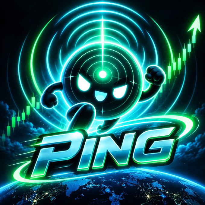 A stylized neon graphic features a dark character with glowing white eyes surrounded by radiating cyan rings, with rising green candlestick charts and a large arrow, and the word 'PING' in bold blue and green letters at the bottom.