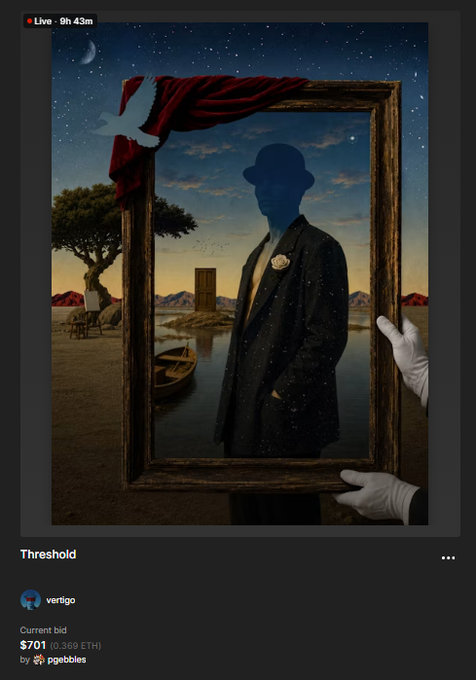 A surreal digital artwork titled 'Threshold' by vertigo, depicting a shadowy figure in a bowler hat holding a large empty frame against a night sky landscape, priced at $701 (0.369 ETH).