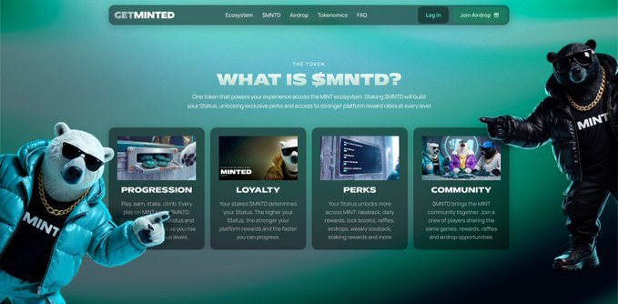 A promotional webpage for 'GETMINTED' with the heading 'WHAT IS $MNTD?' and sections labeled 'PROGRESSION', 'LOYALTY', 'PERKS', and 'COMMUNITY', flanked by two bear mascots wearing gold 'MINT' chains.