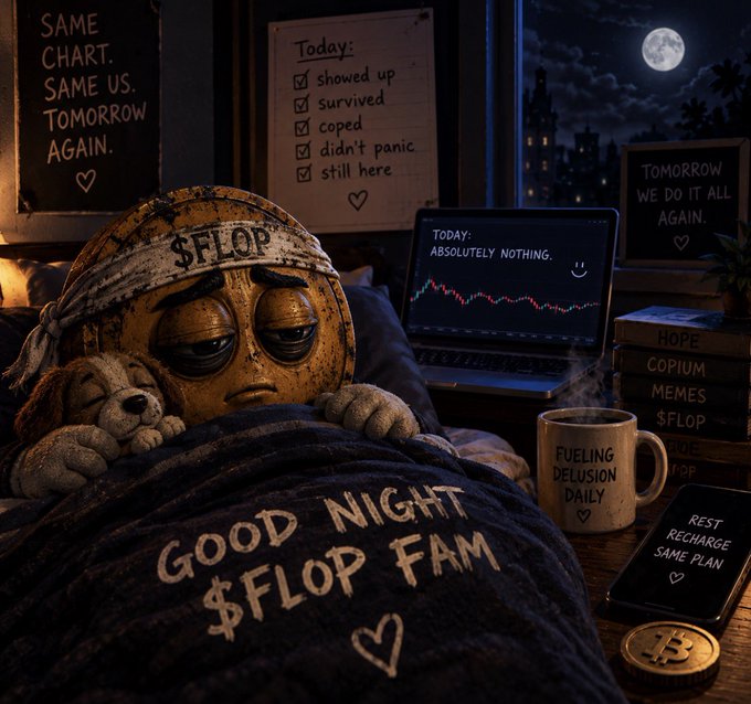 A whimsical scene of a coin-shaped character wearing a '$FLOP' headband tucked into a 'GOOD NIGHT $FLOP FAM' blanket, accompanied by a checklist ('showed up, survived, coped, didn't panic, still here'), a laptop showing 'TODAY: ABSOLUTELY NOTHING.', a 'FUELING DELUSION DAILY' mug, and a '$FLOP' phone.