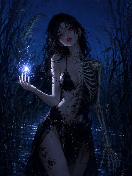 A digital illustration of a woman in a black dress holding a glowing orb, with her skeleton partially visible through her body in a dark, atmospheric setting.