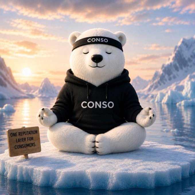 A 3D-rendered white polar bear mascot wearing a black hoodie and headband, both branded with 'CONSO', sitting in a meditative lotus pose on an ice floe with a wooden sign reading 'ONE REPUTATION LAYER FOR CONSUMERS', set against an Arctic sunset.