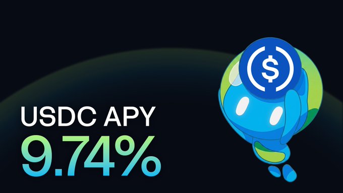 A digital graphic displays an advertisement for 'USDC APY 9.74%' next to a blue, globe-like character bearing the USDC logo against a dark background.