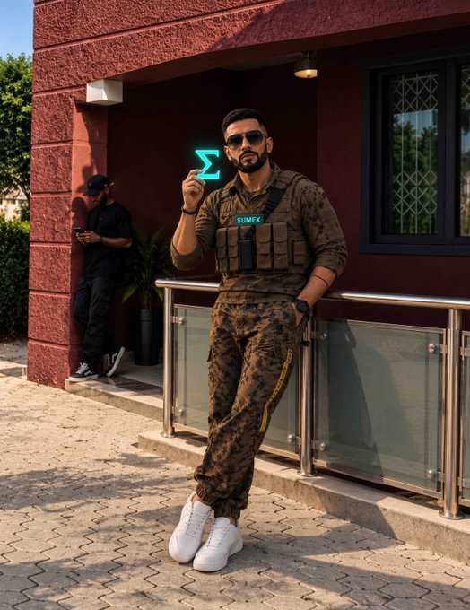 A man wearing camouflage clothing and sunglasses stands outdoors holding a glowing blue symbol, with another person in the background checking a phone.