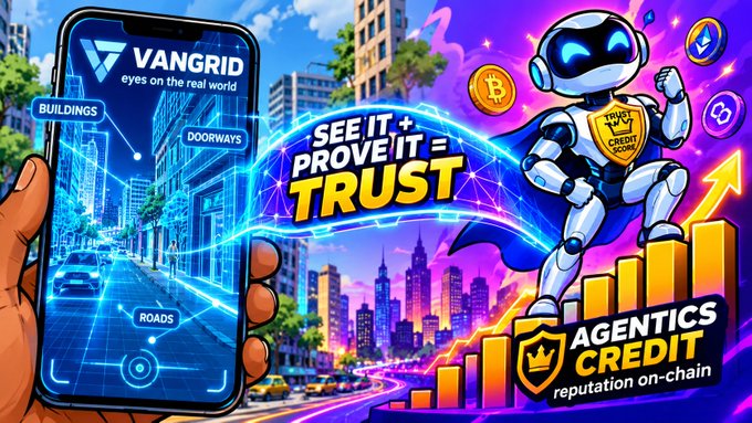 A promotional graphic for VANGRID shows a smartphone displaying a digital twin interface of buildings, doorways, and roads, alongside a robot mascot and text reading 'SEE IT PROVE IT = TRUST' and 'AGENTICS CREDIT reputation on-chain'.