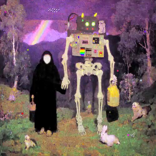 The image features a skeleton with a face, holding onto a person who appears to be an old woman wearing a black robe. They are standing outside together. There's also a dog present in the scene near them. Another picture of the old woman can be seen on social media for sale at 0x16D...0985. The post seems to be related to school, as indicated by the use of the term "Back To School".