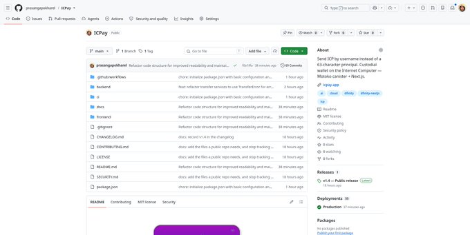 A screenshot of the JCPay GitHub repository page owned by user presannap, showing folders like backend, docs, frontend, and files including .gitignore, LICENSE, README, package.json.