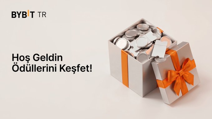 The image features a silver gift box with an orange ribbon, sitting on top of a white background. The text "Bybit TR Ödül Merkezinde Hoş Geldin Ödüllerini Keşfet Şimdi İncele bybit.tr/tr-TUR/task-ce" is written in black at the bottom, and it appears to be a promotional post for BybitTR.