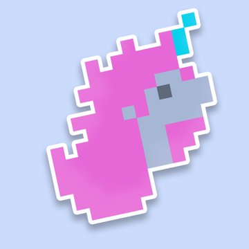 A pink pixelated llama-style character with a blue party hat and a white outline, styled like a sticker on a light purple background, likely representing the Unicrypt mascot in connection with the post about Uniswap v4 Hooks.