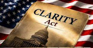 An image showing a 'CLARITY Act' document in front of an American flag with the U.S. Capitol building.