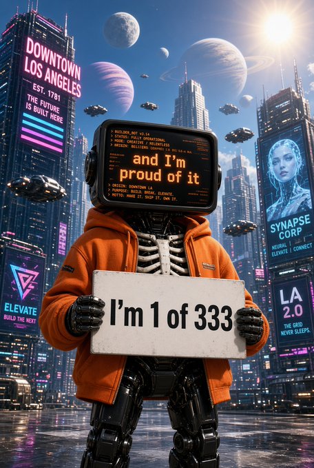 A futuristic robot wearing an orange hoodie holds a sign reading 'I'm 1 of 333' in a cyberpunk cityscape with neon signs for 'DOWNTOWN LOS ANGELES,' 'SYNAPSE CORP,' and 'LA 2.0,' featuring planets and flying vehicles in the background.
