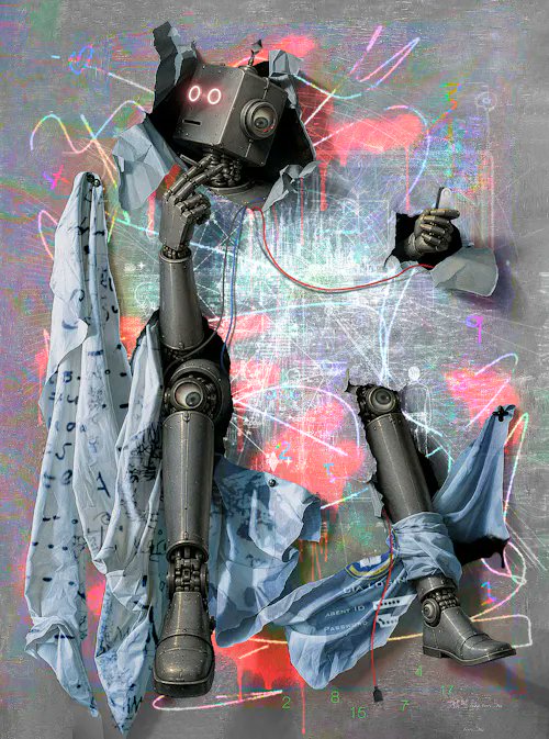 A robotic figure with a boxy head featuring glowing "00" eyes emerges from a torn, graffiti-covered background of neon colors and scribbled numbers, holding what appears to be a spray can or tool—evoking the creative process behind the NFT artwork "Reborn" by @troyfitzpatric, which sold for 0.361 ETH ($647.13) to @hittman_ as part of the $RARE collection.