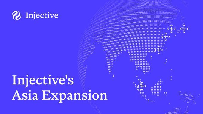The image is a promotional graphic with a blue background featuring the Injective logo and the text "Injective's Asia Expansion," accompanied by a dotted globe highlighting the Asia-Pacific region. It visually supports the announcement about Gulf Labs, part of the $27B GULF Group, joining Injective as an institutional validator, signaling Injective's growing presence and strategic partnerships in Asia.