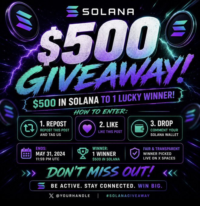 Vibrant Solana giveaway graphic offering $500 in SOL to one winner, with entry instructions to repost, like, and comment a Solana wallet by May 31, 2024 at 11:59 PM UTC, aligning with the post's contest details.