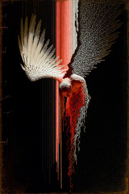 A dark digital artwork depicting a fallen angel with white and black wings, red streaks, and a horned figure.