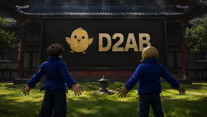 Two animated characters in blue jackets stand with outstretched arms facing a large screen displaying a yellow chick logo and the text 'D2AB' at what appears to be a traditional East Asian temple setting.