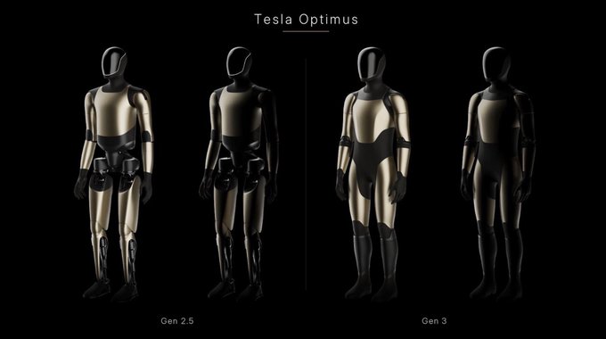 A side-by-side comparison of Tesla's humanoid robot, showing the older "Gen 2.5" model on the left and the newer "Gen 3" on the right, with the Gen 3 featuring a sleeker, more form-fitting black and gold body design as noted in the caption "Optimus Gen 3 Wearing panties, put on stockings."