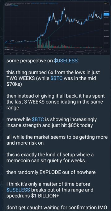A cryptocurrency analysis screenshot discussing $USELESS and $BTC, noting $USELESS pumped 6x in two weeks while consolidating for 3 weeks, and predicting it could speedrun $1 BILLION+.