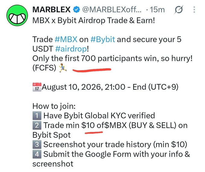 A tweet from MARBLEX announcing an 'MBX x Bybit Airdrop Trade & Earn!' promotion with a 5 USDT airdrop for the first 700 participants, requiring Bybit KYC and minimum $10 trades.