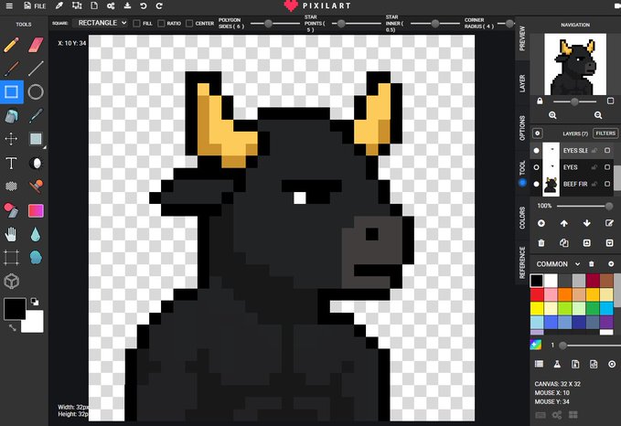 A screenshot of the Pixilart pixel art editor showing a work-in-progress black bull with gold horns on a transparent canvas.