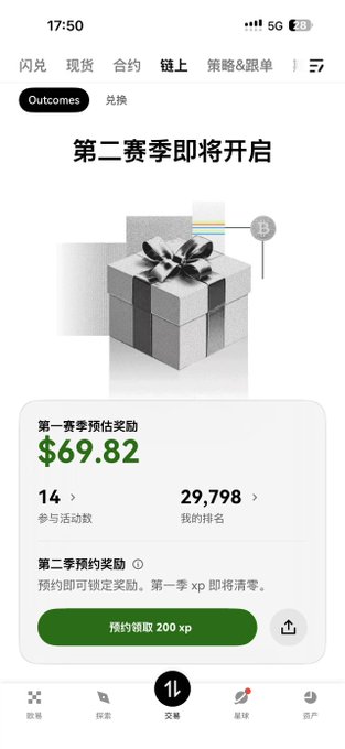A screenshot of the OKX app displaying the second season of prediction events with a first-season reward of $69.82 earned by a participant ranked 29,798, tied to a post celebrating the $69 profit from World Cup predictions and expressing excitement to use free XP for the upcoming season.