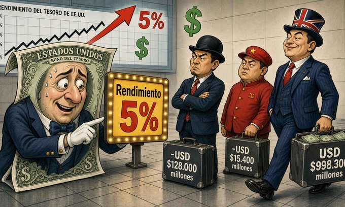 A cartoon illustration depicting 'Rendimiento 5%' (US Treasury yield) showing a sweating US dollar bill character pointing to a sign, alongside figures in Asian attire and a man in a Union Jack top hat with briefcases labeled -USD $128,000 millones, -USD $15,400 millones, and USD $998,300 millones.