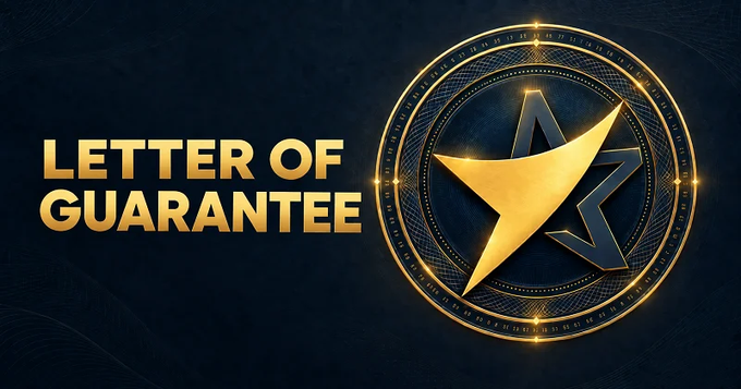 A dark blue and gold graphic with the text 'LETTER OF GUARANTEE' displayed next to a metallic, circular emblem with a stylized arrow symbol.