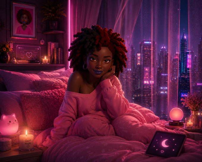 The image features a woman sitting on a bed with her eyes closed, wearing a pink outfit that matches the color scheme of the room. She has a cat-shaped lamp next to her, adding a whimsical touch to the scene. The background shows a city skyline at night, creating an urban atmosphere for the bedroom setting.

The post seems to be discussing the importance of user experience and how it can be improved through thoughtful design choices. This is evident in the image's overall aesthetic, which includes elements like the cat-shaped lamp that contribute to a cohesive and visually appealing space. The woman sitting on the bed with her eyes closed adds an element of relaxation and comfort, further enhancing the room's atmosphere.