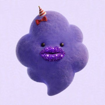 A purple plush cloud toy with sparkly purple lips and a small party hat with a red bow on a white background.