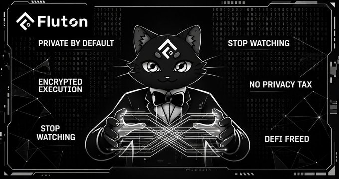 A black and white promotional graphic for 'Fluton' featuring a cat mascot in a suit, with text reading 'PRIVATE BY DEFAULT', 'ENCRYPTED EXECUTION', 'STOP WATCHING', 'NO PRIVACY TAX', and 'DEFI FREED'.