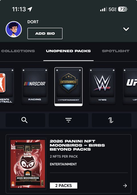 A mobile app screenshot showing a user profile 'DORT' with unopened digital trading card packs, highlighting a '2026 PANINI NFT MOONBIRDS - BIRBS BEYOND PACKS' from the Entertainment category.