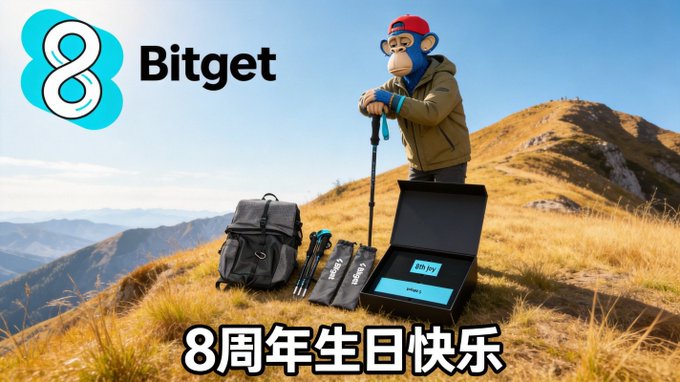 A Bitget cryptocurrency exchange promotional image celebrating their 8th anniversary ('8周年生日快乐') featuring the Bitget logo, a mascot character with hiking gear, a backpack, and Bitget-branded merchandise on a mountain landscape background.