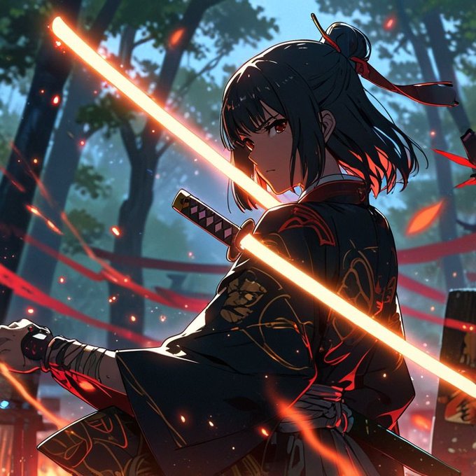 A fierce anime warrior wields a glowing orange blade in a misty forest, her traditional black kimono with red flame accents blending samurai heritage with neon cyberpunk aesthetics—perfectly capturing the "Samurai Chronicles" NFT collection's fusion of Japanese artistry and futuristic energy.