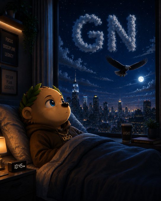 A teddy bear wearing a "UGO" chain rests in bed at 10:45 PM, gazing out at a nighttime city skyline where clouds form the letters "GN" (good night) and an eagle flies beneath a full moon, capturing the post's message of rest and recharging before returning fresh to Web3 matters like @NucleusCodes.
