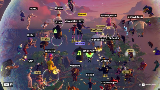 A dense gathering of diverse digital avatars floating in a colorful, planet-backed virtual environment, each labeled with usernames like 'FRANQ', 'Sovereign Ape', 'jayVegas', and 'BRE4KER'.