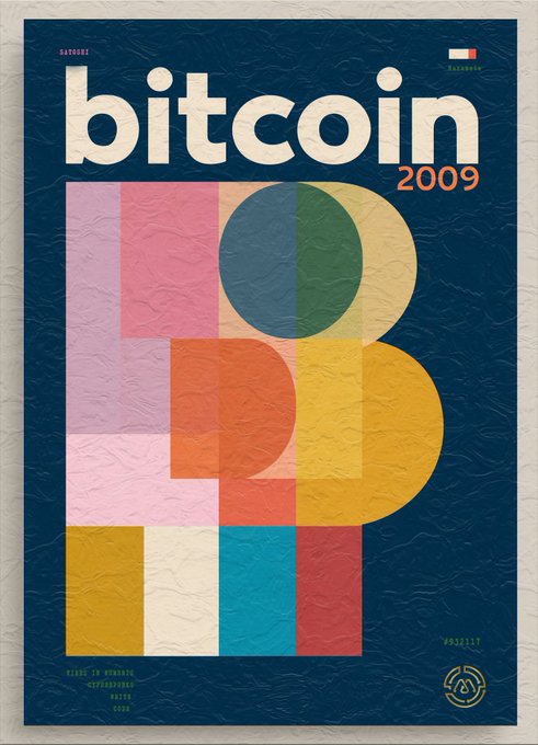 A retro-styled poster with the text 'bitcoin 2009' featuring colorful geometric shapes and a large 'B' symbol on a dark blue background.