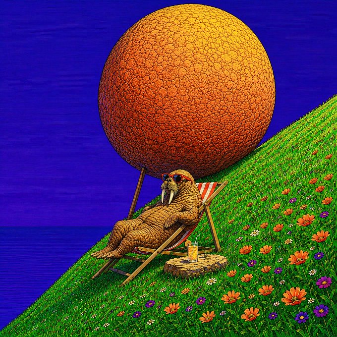A surreal illustration of a walrus wearing sunglasses relaxing on a deck chair with a giant orange, on a flower-covered hillside.